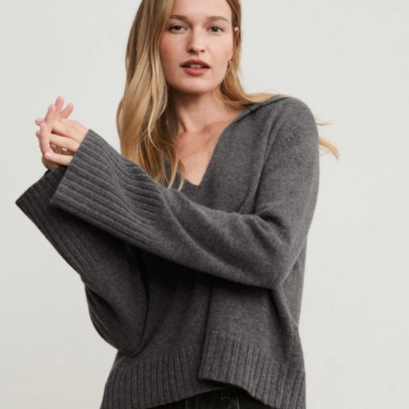 $425 Jenni Kayne Frances Polo Cashmere Sweater in Thunder - Size L - Picture 2 of 10